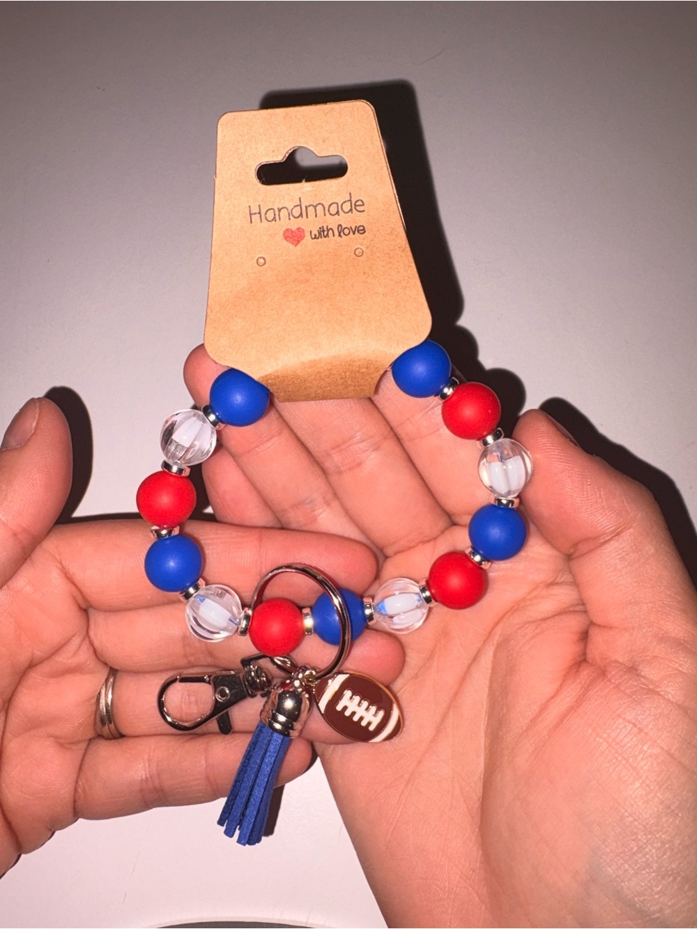 Handmade Beaded Keyring Bracelet - Buffalo ❤️💙 Red & Blue
